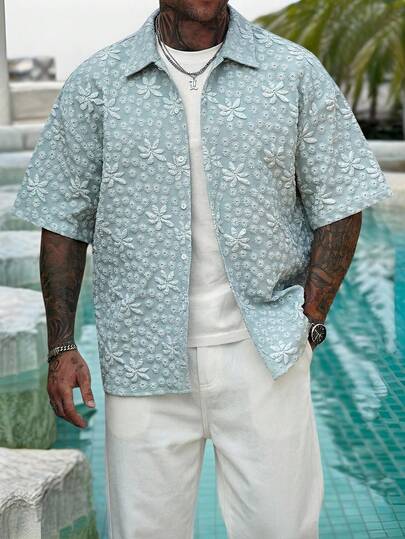 Manfinity CasualCool Men's Floral Jacquard Short Sleeve Loose Casual Shirt,Men Old Money,Daily Leisure, Weekend Trips, Outdoor Activities, Travel Expeditions, Relaxed Work Environments Or Semi-Formal Occasions, Boyfriend/Husband Gift, Anniversary /Birthday Gift Party Summer Vacation Holiday,Wedding,Spring To Summer,Mardi Gras,Men's Short Sleeve Floral Embroidered Breathable Summer Shirt Casual Holiday Top,Men Cuban Shirt