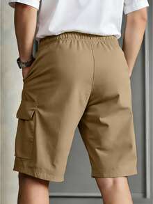 Manfinity Dauomo Men's Summer Casual Fashionable Street Daily Commute Solid Color Drawstring Waist Flap Pocket Cargo Shorts - Khaki - View 3