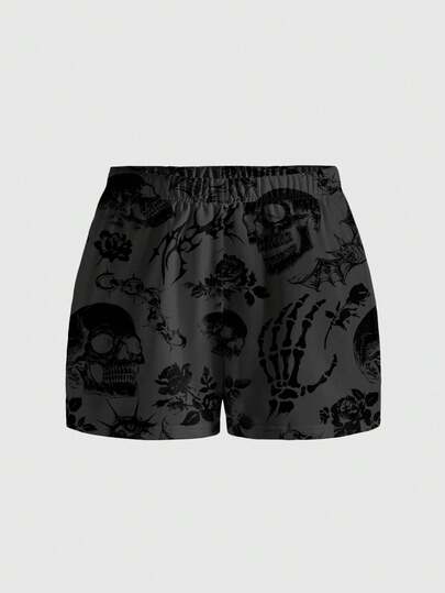 ROMWE Plus Size Women Gothic Skull Hand Floral Plant Thorn Rose Loose Black Shorts