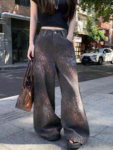 DAZY 女士宽松街头风韩版休闲全印花牛仔裤 - 咖啡棕 - 查看 2