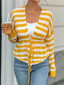 Elyressa Striped Pattern Drop Shoulder Drawstring Waist Cardigan - Yellow - View 5