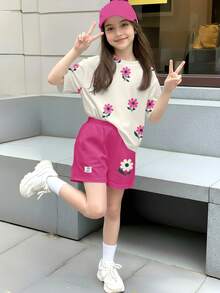 两件套少女休闲碎花短袖上衣短裤套装，宽松舒适的夏季服装 - 彩色 - 查看 3