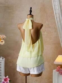 Femesol 黄色露背系带露肩上衣，优雅露背荷叶边A字领系带衬衫，浅黄色休闲办公露背露背女式上衣，适合海滩度假 - 淡黃色 - 查看 2