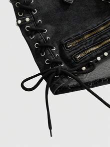 ROMWE Y2K Edgy Sexiga Nitade Snörade Ultra Låga Denimshorts För Damer - Mörkgrå - Visa 4