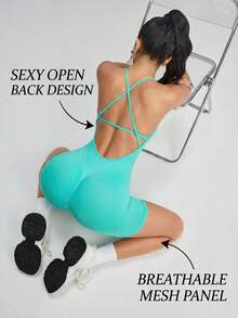 Innovista 女士交叉露背连体骑行短裤 - 綠色 - 查看 2