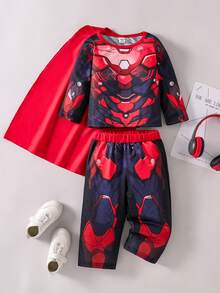 SHEIN Perso Play Baby & Toddler Boys Cartoon Mecha Print Long Sleeve T-Shirt And Pants Set With Cape, Suitable For Parties, Role Play, Holidays, Autumn/Winter - Multicolor - View 3