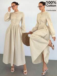 Siren Gaze 女士纯色圆领纽扣长袖连衣裙，褶皱连衣裙 - 杏色 - 查看 4