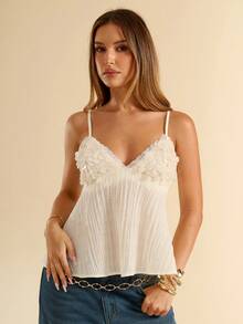 SHEIN BAE Áo camisole thời trang nữ thiết kế ren và đính sequin tương phản - Màu be - Xem 3