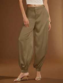 Hauture Pantalones de mujer con decoración de volumen texturizado en el bajo - Verde - Ver 2