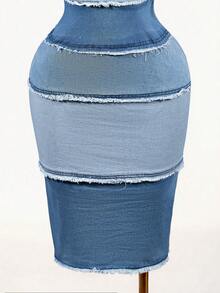 Mistrie Women's Denim Extra Long High Slit Dress - Blue - View 3