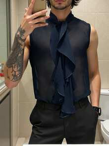 Manfinity Dauomo 男士纯色荷叶边薄纱无袖衬衫 - 藏蓝色 - 查看 1