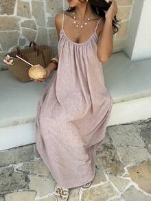 Livesso Pink Elegant Party Holiday Loose Fit Sleeveless Midi Dress For Women - Pink - View 8