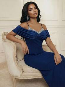 Savoree Women's Rhinestone Decor Off-Shoulder Fitted Elegant Dress - Blue - View 5