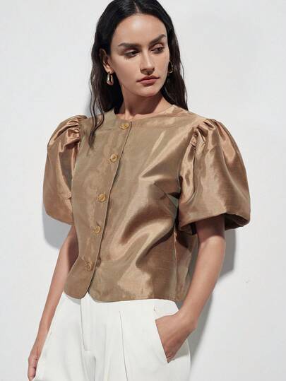 Aveloria Modichic Caramel Brown Short Top, Crinkled Silk Fabric, Round Neck Design, 3D Puff Sleeves, Pearl Button Decor, Exquisite Tailoring, Vintage Elegant Style, Fitted Short Silhouette, Refined Texture, Suitable For High-End Galas, Art Exhibitions, Fashion Events In Autumn/Winter, Showcasing Feminine Charm And Unique Taste, Blending Classic And Modern Elements. Puff Sleeve Tops Puff Blouse Blouse For Women Casual Modern Women S Tops And Blouses Womens Work Tops