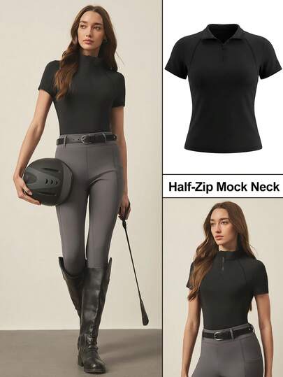 With My Calm Women's Sports Yoga Outdoor Fitness Equestrian Riding Short Sleeve T-Shirt With Half Zip Stand Collar And Raglan Sleeves