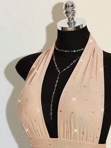 SHEIN ICON Áo liền thân ôm sát không tay cổ yếm đính đá lấp lánh, gợi cảm, thích hợp cho các bữa tiệc. - Màu Khaki - Xem 4