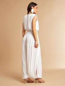 Silquee Bộ jumpsuit nữ màu trơn cổ tròn xếp ly ống rộng phong cách thường ngày - trắng - Xem 2