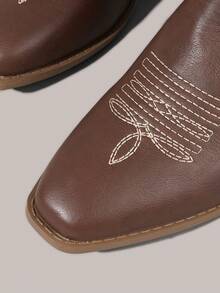 Styleloop Women Pink Western Boots, Pointed Toe V-Cut Thick Heel Embroidered Leather Boots, Low Heel Clogs, Pull-On Riding Boots And Ankle Boots Spring Shoes - Dark brown solid color - View 4