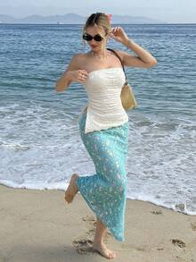 SHEIN MainGRL Spring/Summer Beach Vacation Youthful And Energetic White Sequined Embroidered Fabric Strapless Top With Gathered Irregular Hem, Perfect For Island Vacations, Dates, Photoshoots, Everyday Wear, And Romantic Outfits.,Summer Tops,Spring Outfit Women,Party Top,Wedding,Going Out Top,Birthday Outfits For Women - White - View 3