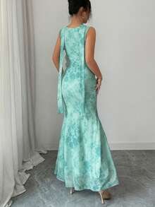 Modelyn 绿色无袖飘逸领印花3D网纱修身连衣裙（女款） - 綠色 - 查看 3