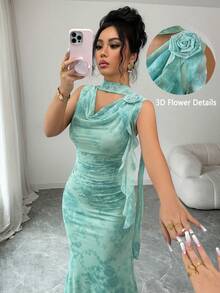 Modelyn 绿色无袖飘逸领印花3D网纱修身连衣裙（女款） - 綠色 - 查看 4