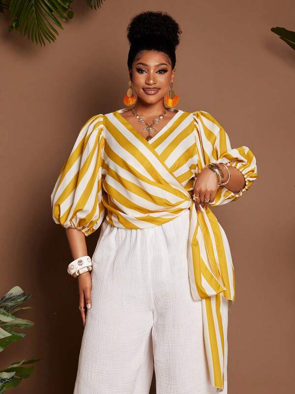 Maweii Plus Size Petal Sleeve Striped Classic Commuting Romantic Comfortable Blouse