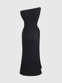 Sweetra Asymmetric Shoulder Metal Decor Fitted Waist Slit Hem Maxi Dress - Black - View 3