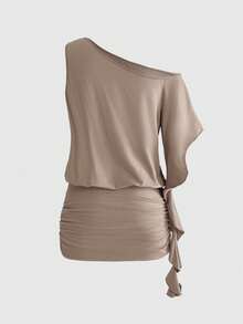 ROMWE Avant Đầm ngắn nữ phong cách retro vintage đính đá chữ cái, tay áo bất đối xứng, thích hợp cho lễ hội âm nhạc. - màu nâu - Xem 2