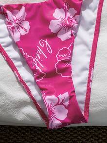 Swim Mod Fuchsia Tropical Floral Print Halter Neck Beach Vacation Bikini, Sexy 2 Pieces Swimwear - Hot Pink - View 3