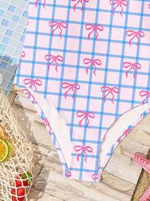 Ice Cream Blue & Pink, Bow Plaid Print, Tween Girls One-Piece Swimsuit, Suitable For Summer Beach, Pool, Seaside Vacation - Multicolor - View 6
