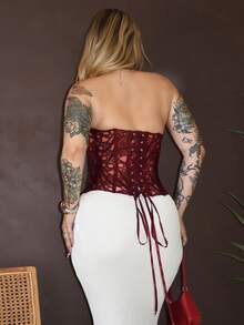 Arliah Women's Sexy Sleeveless Burgundy Lace Up Top With Strapless Neckline And Semi-Sheer Fabric - Burgundy - View 2