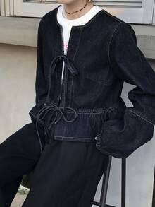 FRIFUL 女士时尚系带荷叶边下摆牛仔外套 - 藍色 - 查看 6