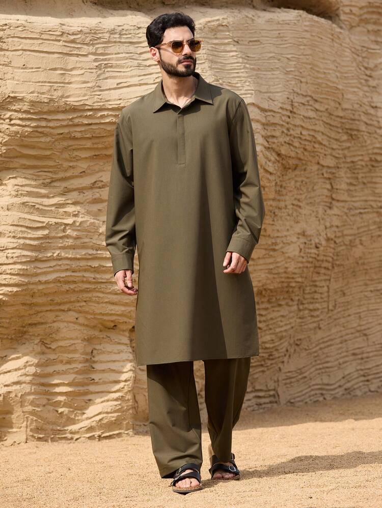 Men's Spring Military Green Robe Shirt And Pants Set Summer