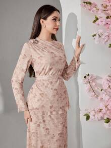 Veilorie Women's Elegant Floral Print Top And Skirt 2-Piece Set For Party - Brown - View 7
