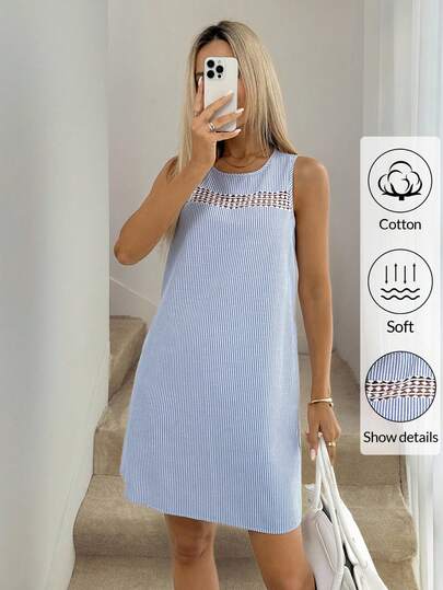 Easowa 女士条纹圆领撞色蕾丝无袖休闲迷你连衣裙