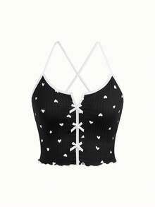 Heart Print Contrast Binding Bow Front PJ Set / Pajama Set - Black - View 4