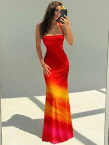 Aloruh 女士优雅橙红色扎染印花露背系带连衣裙，夏季度假装，沙滩裙，橙色连衣裙，夏威夷度假装 - 橘色 - 查看 6