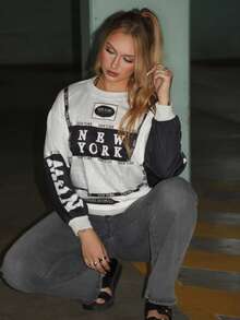 Arliah Sudadera holgada de cuello redondo de manga larga con estampado de letras, informal, para otoño/invierno - Ver 5