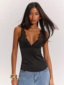 SHEIN BAE 黑色性感透视蕾丝拼接缎面吊带背心，适合性感上衣、夜店装、约会、早午餐、邮轮旅行、工作场合，优雅性感 - 黑色 - 查看 3