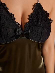 SHEIN Sexy Lace Patchwork Faux Silk Side High Slit Women Slip Dress - Army Green - View 5