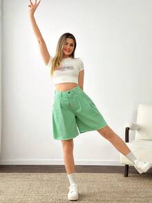 SHEIN Calções femininos casuais de ganga com corte largo, bolsos e perna larga, calções femininos de verão com cintura alta, calções femininos - Menta verde - Ver 3