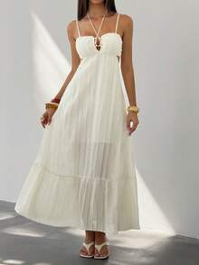 Lyxana Women's Off White Hollow Out Gold Ring Maxi Dress,Summer Boho Vacation Holiday Spaghetti Strap Backless Textured Striped A-Line Resort Elegant - Apricot - View 4