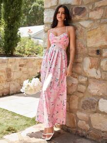 KARISMINA 女士休闲优雅浪漫印花露背吊带连衣裙，适合春夏婚礼 - 粉色 - 查看 8