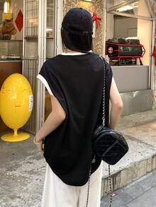 DAZY Women's Sleeveless Tank Top, Loose Fit Casual Racerback Tank Top, Longer Length Slim Fit Muscle Tee, Basketball Jersey - Black - View 2