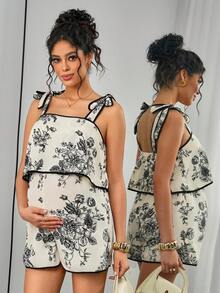 SHEIN Maternity Commuter Versatile Bow Tie Shoulder Romper - Multicolor - View 3