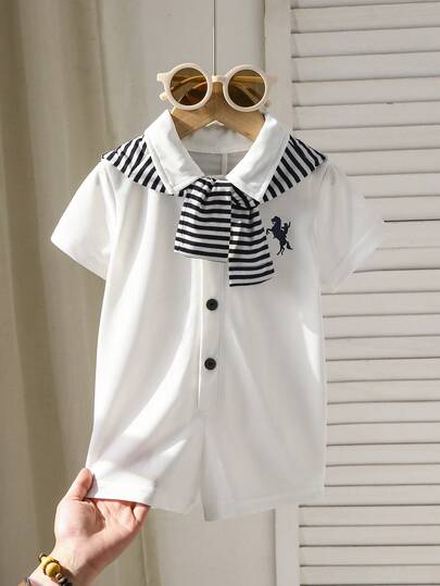 SHEIN 2件套新生男宝宝休闲可爱条纹印花Polo领短袖连体衣套装，适合生日派对、锐舞派对、晚宴、演出、婚礼、满月庆祝、洗礼和一周岁生日等场合。