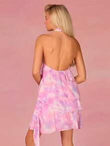 Athîral 女士优雅扎染印花露背迷你吊带连衣裙，夏季 - 彩色 - 查看 3