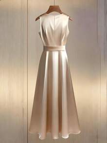 Franclia 优雅圆领珍珠点缀无袖束腰休闲连衣裙，醋酸纤维面料，A字廓形，适合通勤、休闲、度假、优雅场合、日常穿着、约会等场合。 - 杏色 - 查看 2