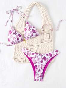 Swim Mod 2件套夏季度假随机印花金色贝壳装饰挂脖比基尼上衣和高衩泳裤性感泳衣套装 - 彩色 - 查看 4