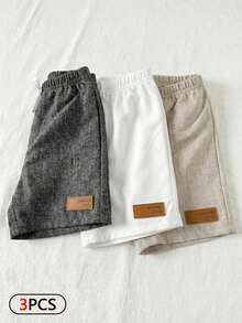 3件套男童休闲多色弹力腰编织短裤，饰有绅士皮革贴片，适合夏季户外活动、上学、日常穿着、休闲、度假和派对等多种场合。 - 彩色 - 查看 4